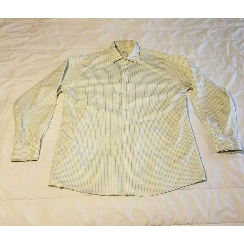 Michael Kors Mens Button Long Sleeve Shirt Green with Gray Stripe Size XL